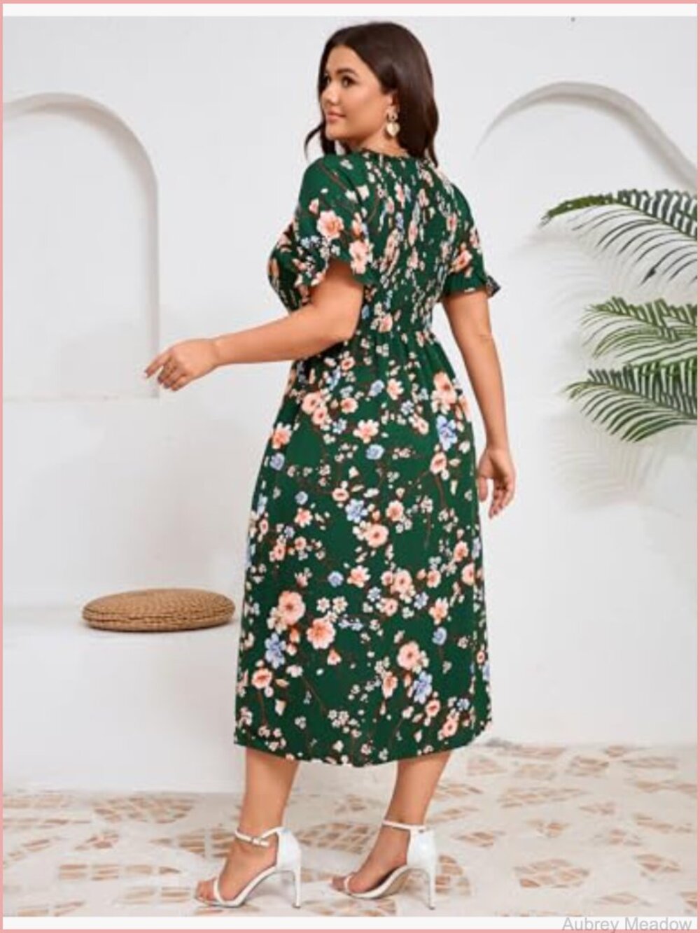 Plus Size Floral Midi Dress Square Neck Puff Sleeve Boho - Picture 6 of 6